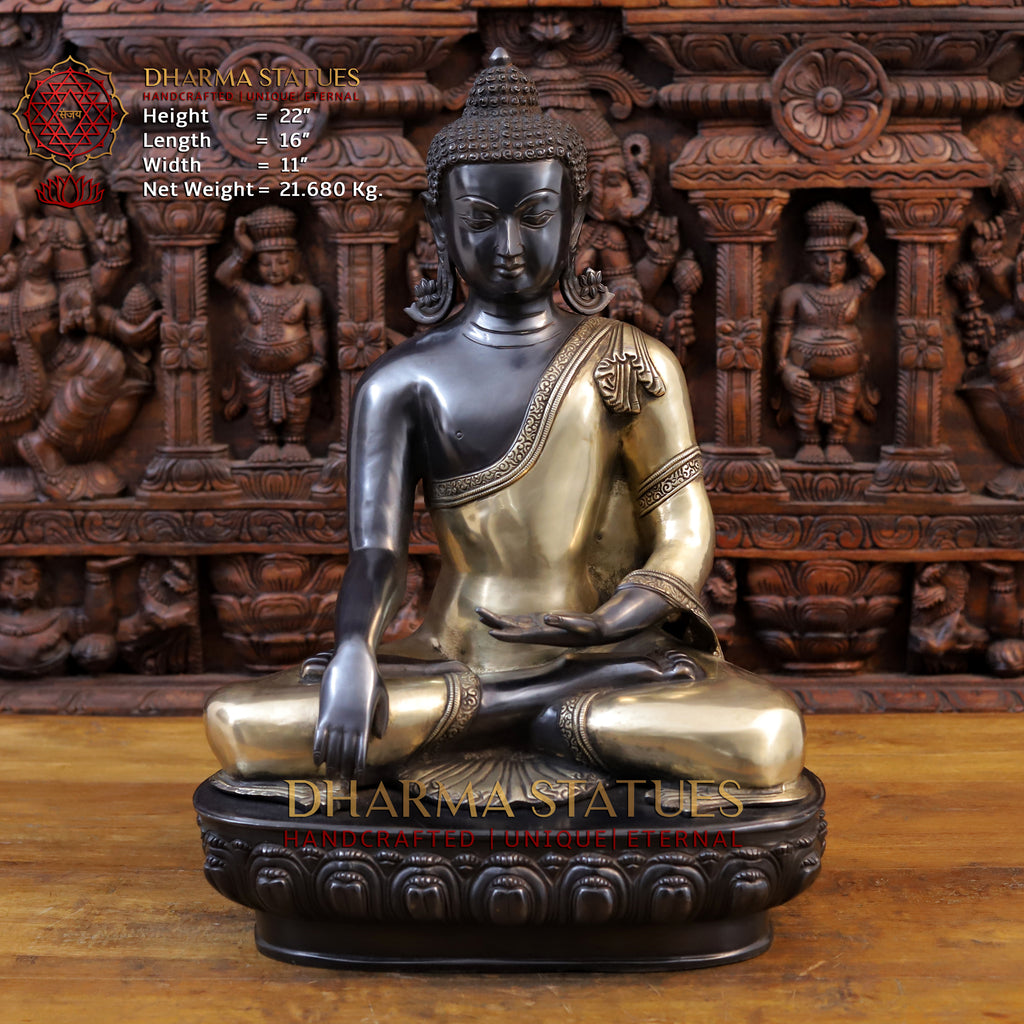 Brass Buddha Idol, Seated on Lotus, Black Patina Finish 22"