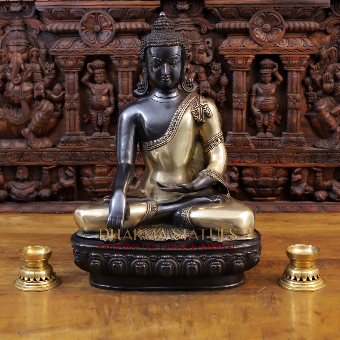 Brass Buddha Idol, Seated on Lotus, Black Patina Finish 22"