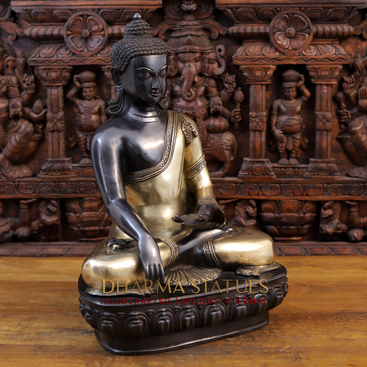 Brass Buddha Idol, Seated on Lotus, Black Patina Finish 22"