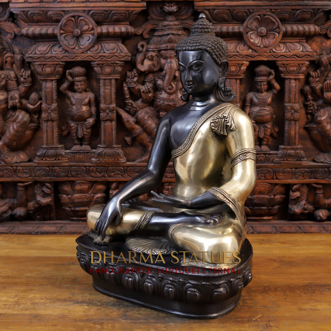 Brass Buddha Idol, Seated on Lotus, Black Patina Finish 22"