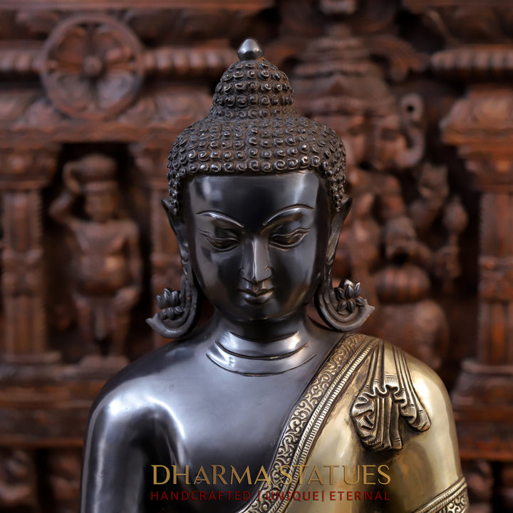 Brass Buddha Idol, Seated on Lotus, Black Patina Finish 22"