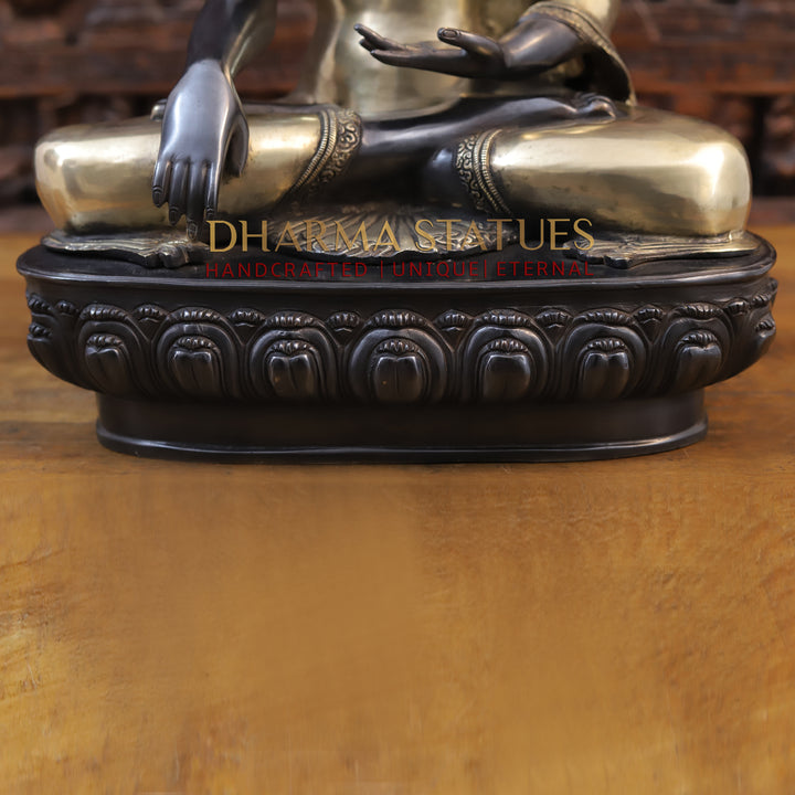 Brass Buddha Idol, Seated on Lotus, Black Patina Finish 22"