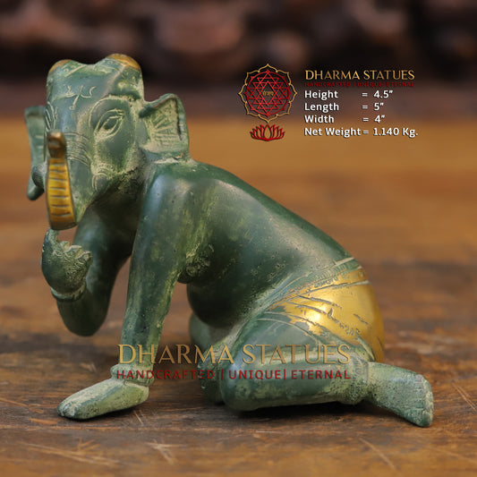 Brass Baby Ganesha Idol, Green Patina Finish 4.5"