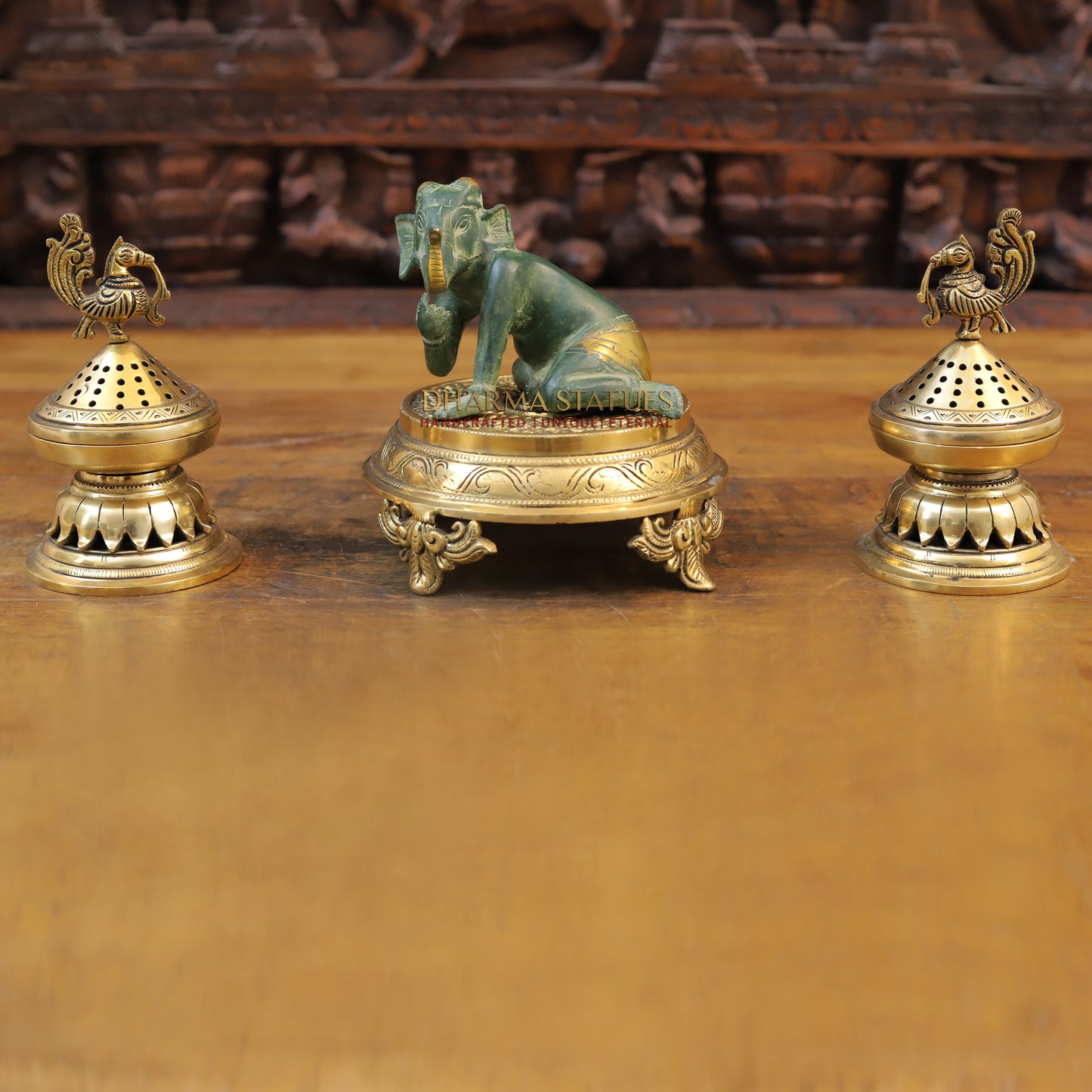 Brass Baby Ganesha Idol, Green Patina Finish 4.5"