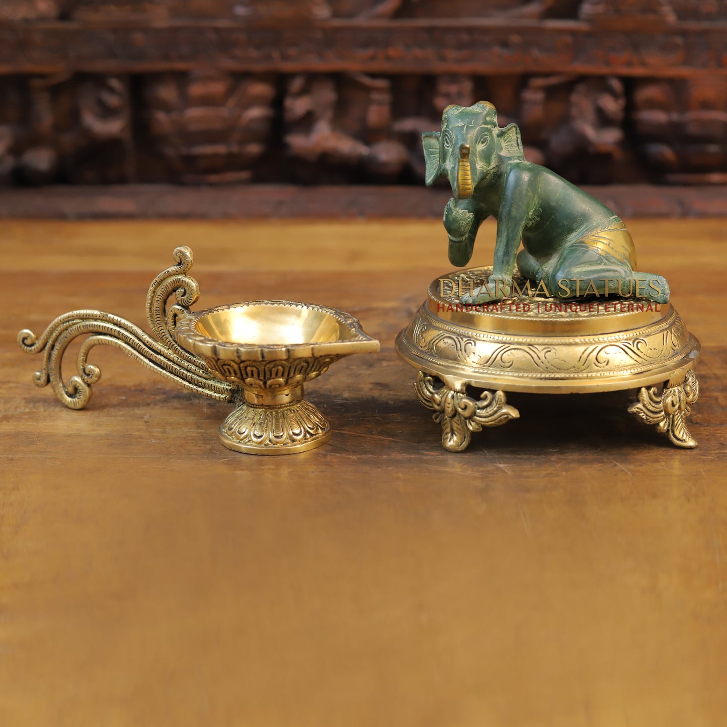 Brass Baby Ganesha Idol, Green Patina Finish 4.5"