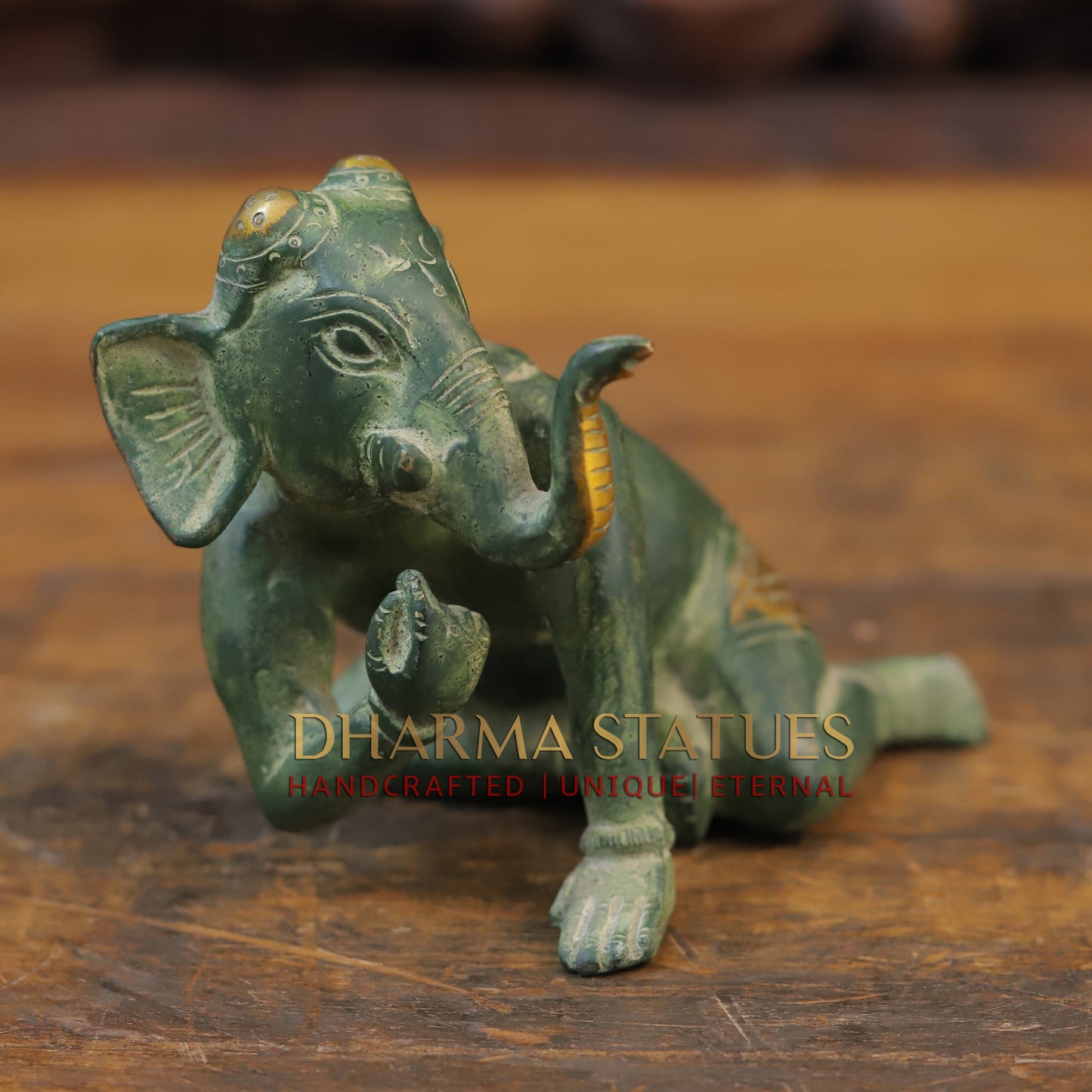 Brass Baby Ganesha Idol, Green Patina Finish 4.5"
