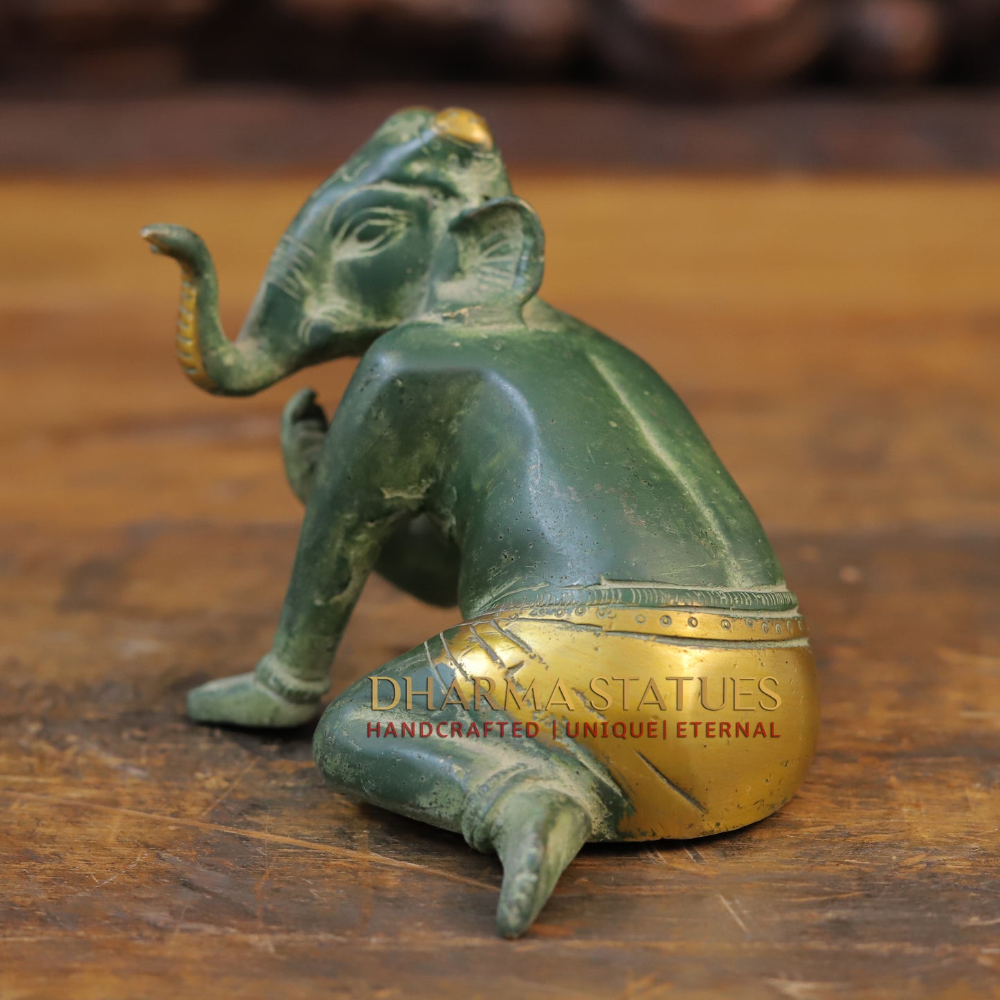 Brass Baby Ganesha Idol, Green Patina Finish 4.5"