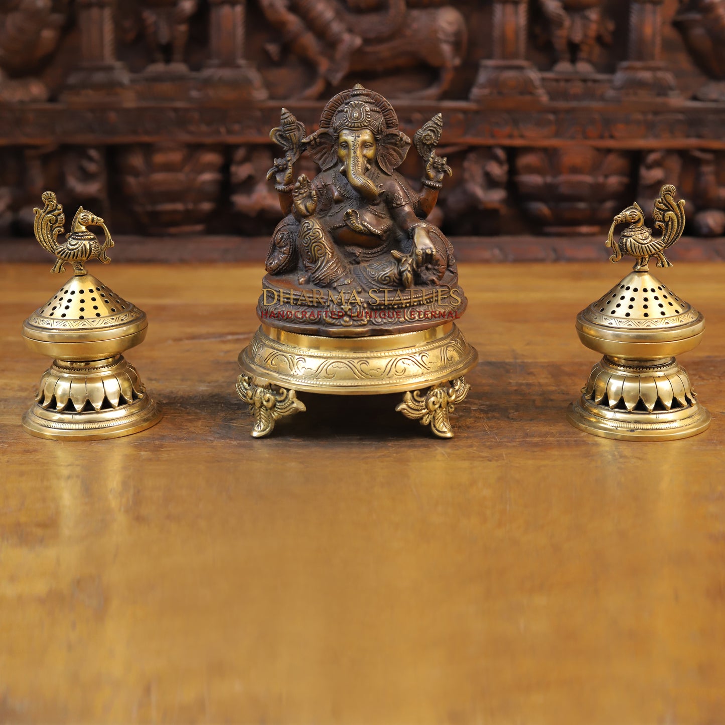 Brass Ganesh Idol, Golden and Copper Finish 6.5"