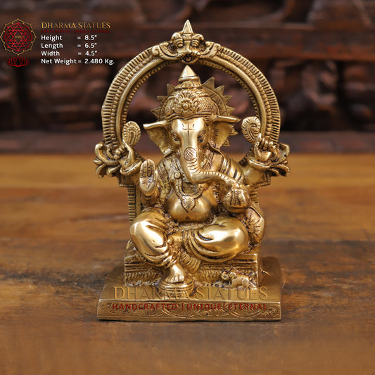 Brass Ganesh Statue, Seated, Fine Golden Finish 8.5"