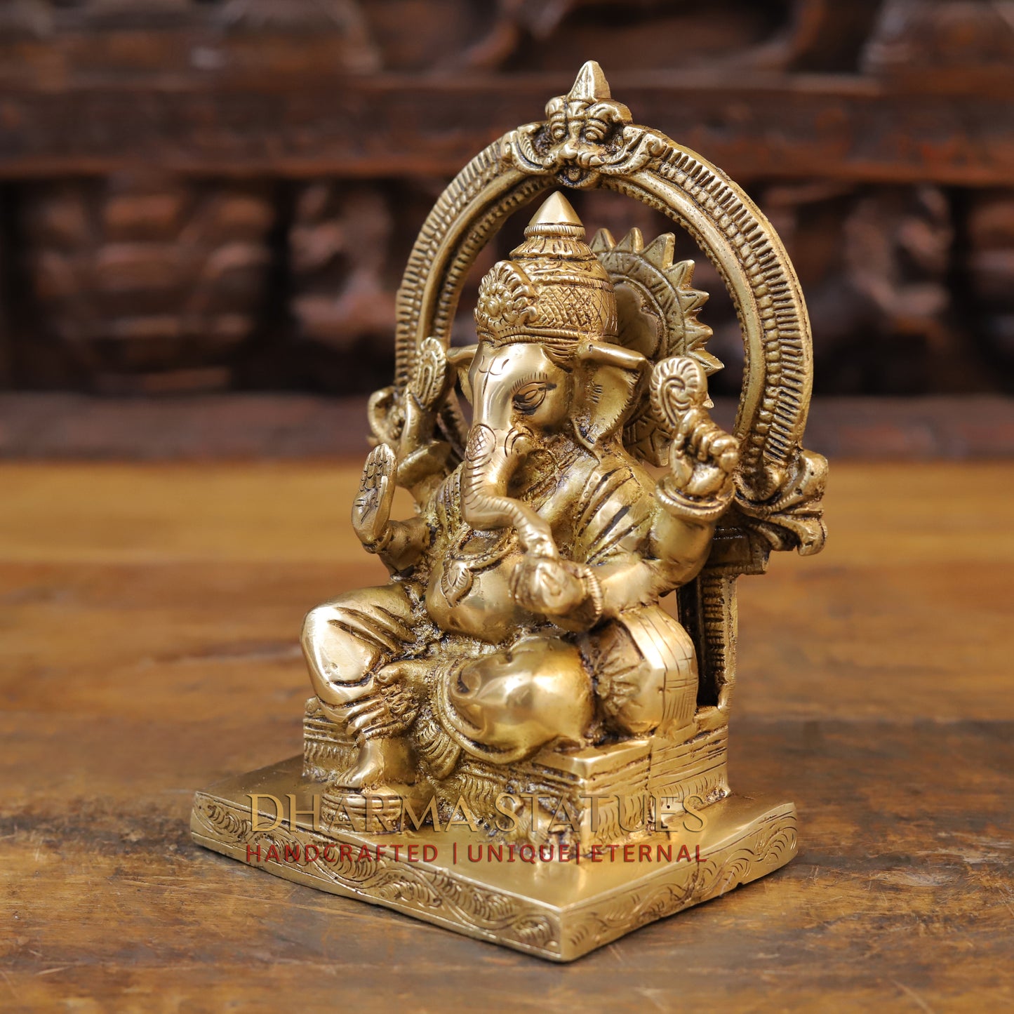 Brass Ganesh Statue, Seated, Fine Golden Finish 8.5"