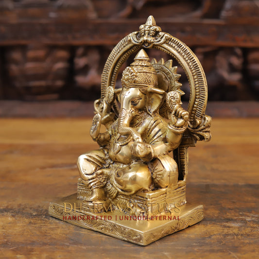 Brass Ganesh Statue, Seated, Fine Golden Finish 8.5"
