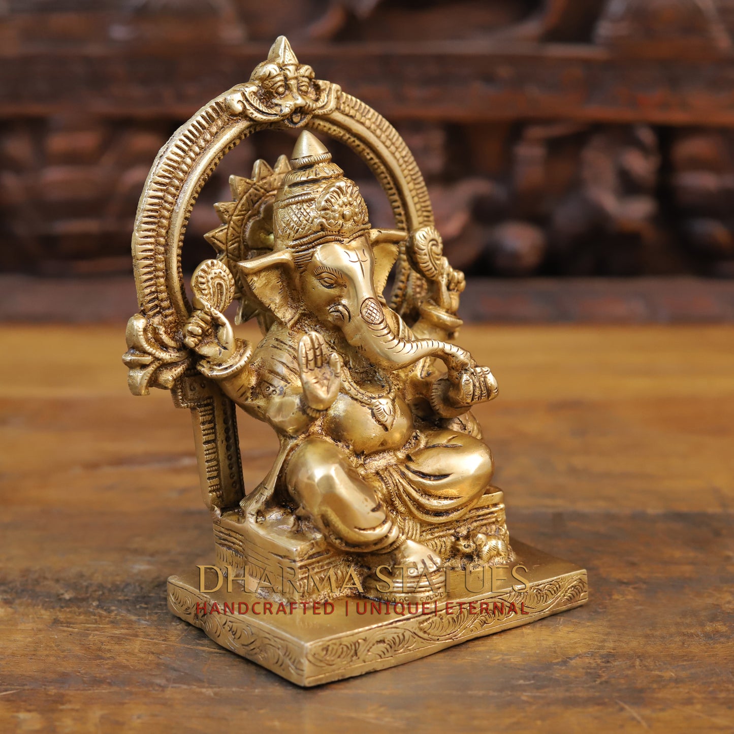 Brass Ganesh Statue, Seated, Fine Golden Finish 8.5"