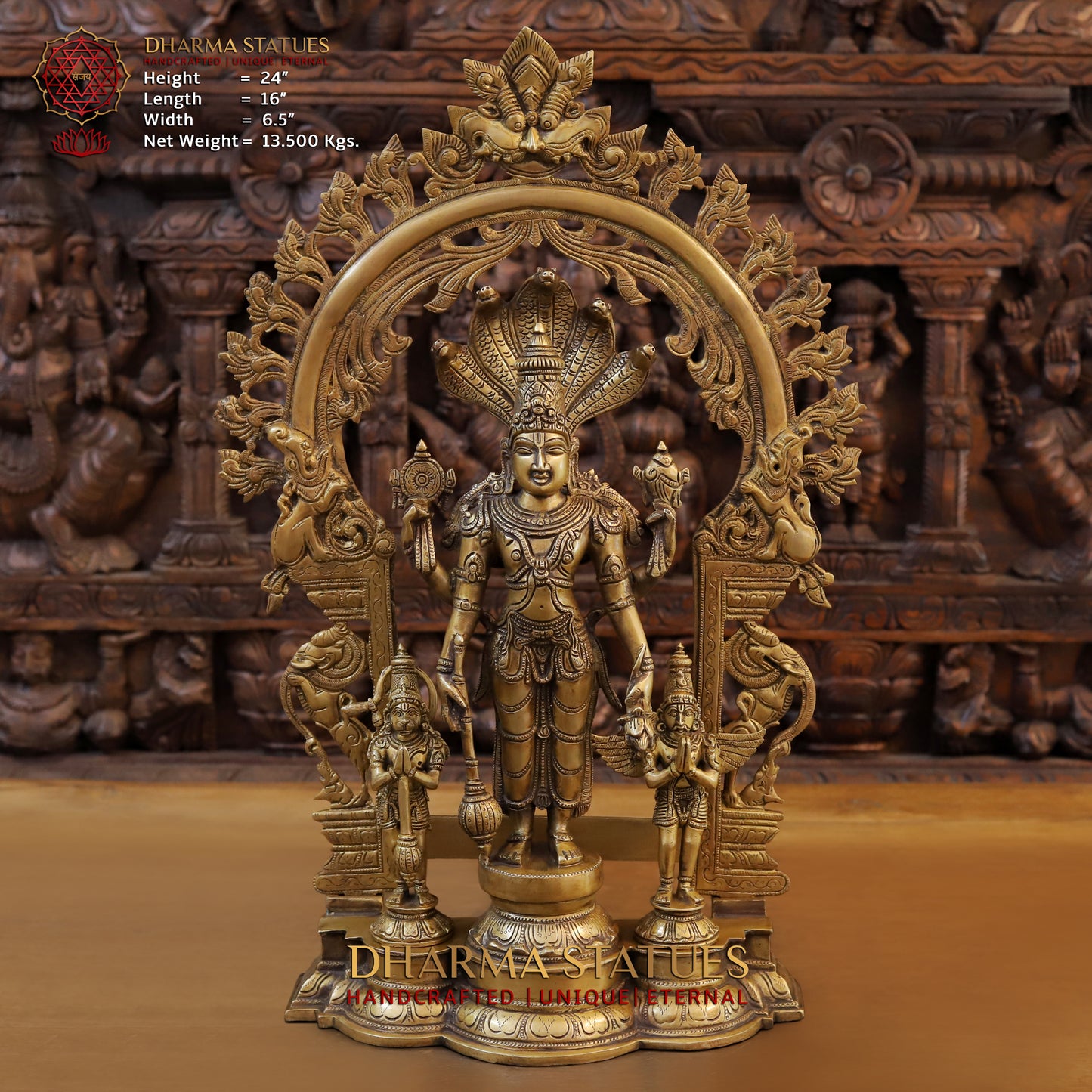 Brass Vishnu in Frame with Garuda and hanuman, Fine Golden Finish, 24"