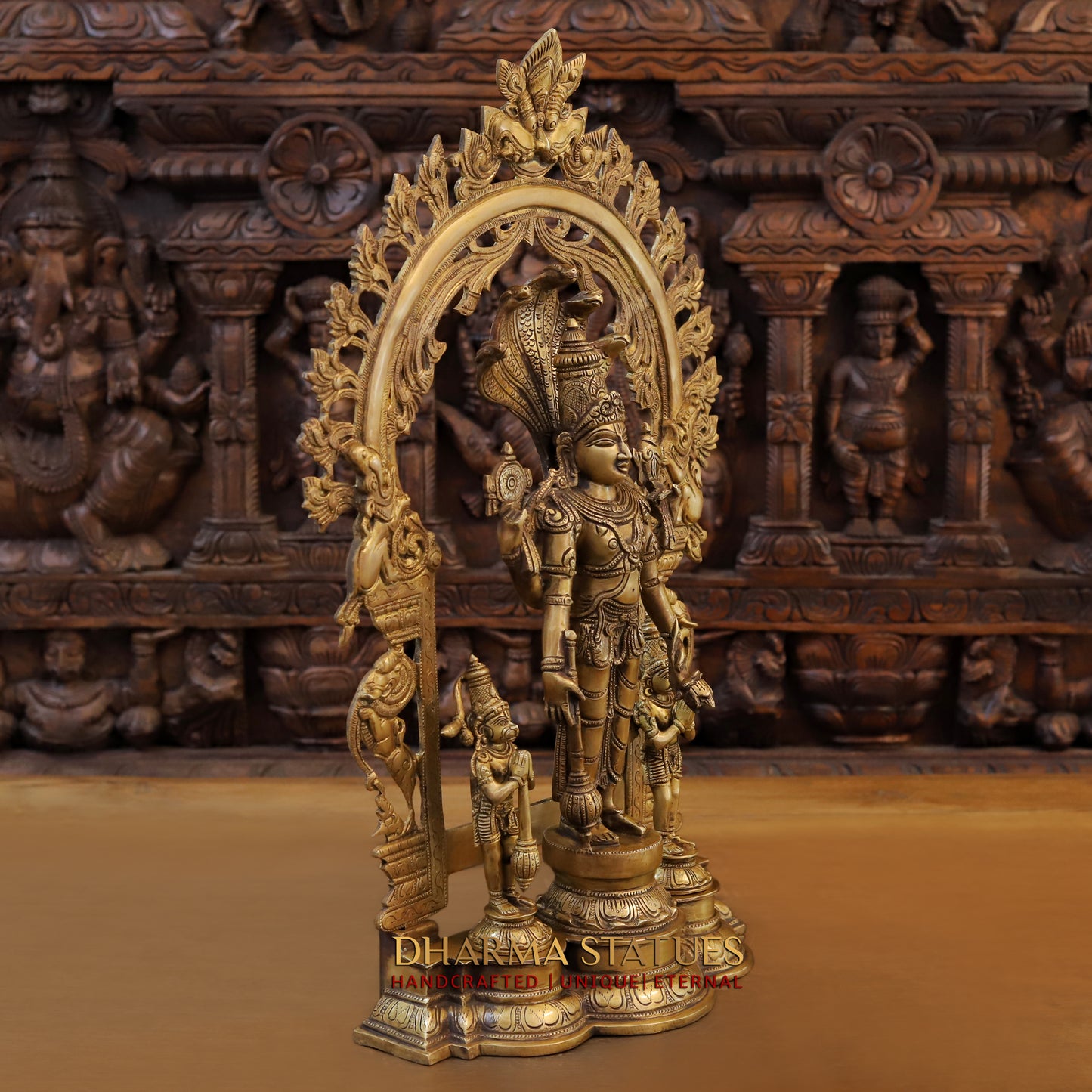 Brass Vishnu in Frame with Garuda and hanuman, Fine Golden Finish, 24"