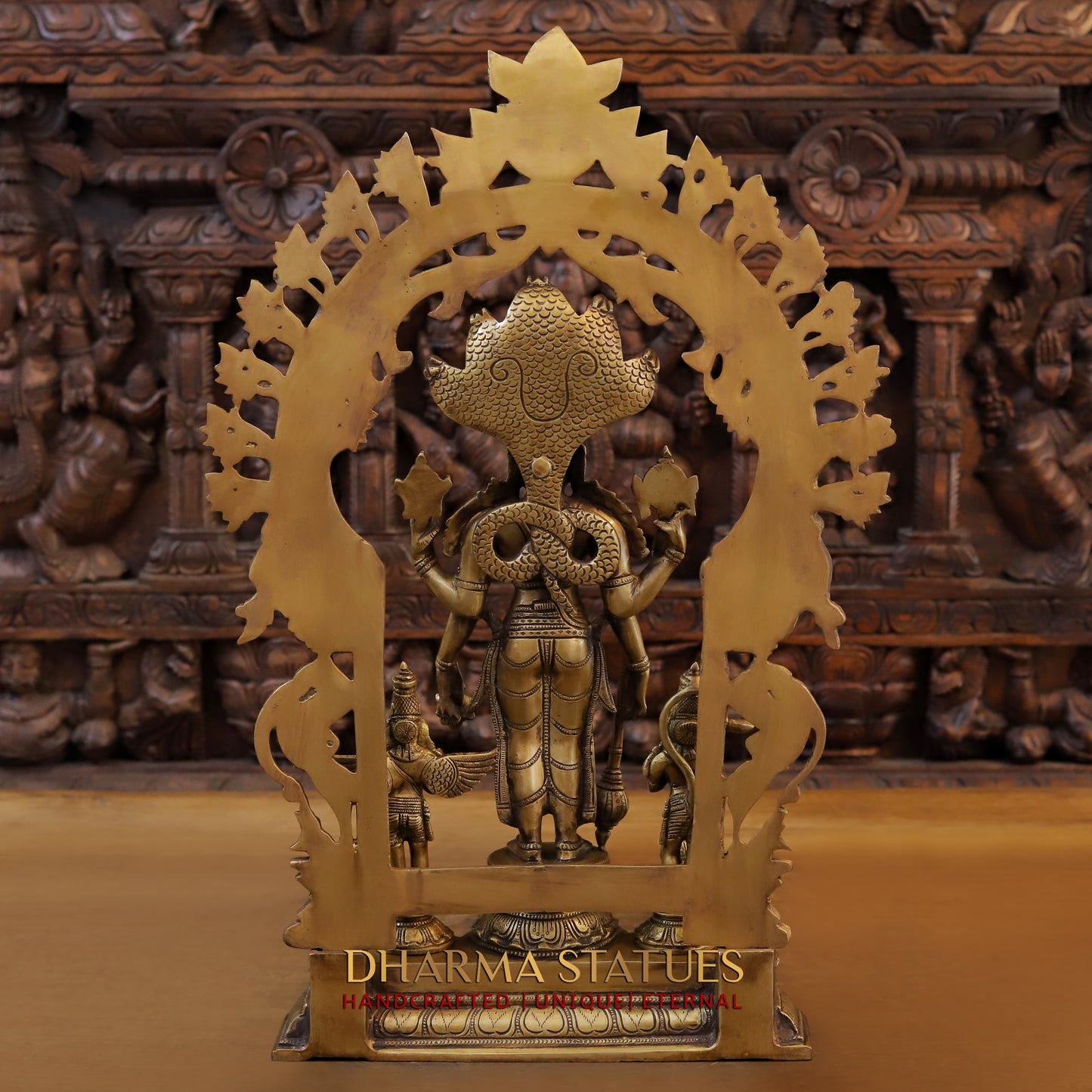 Brass Vishnu in Frame with Garuda and hanuman, Fine Golden Finish, 24"
