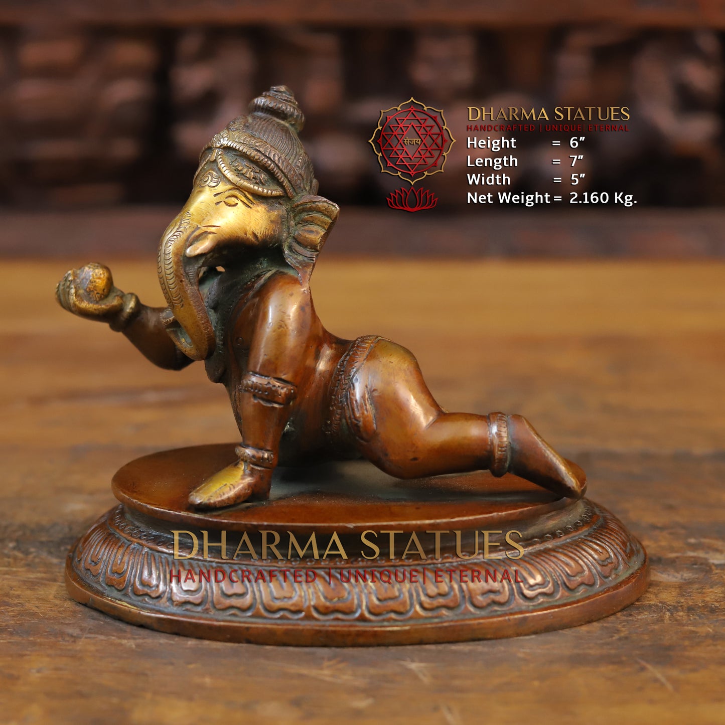 Brass Baby Ganesha Idol, Fine Bronze Finish 6"