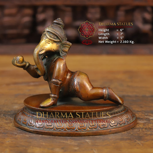 Brass Baby Ganesha Idol, Fine Bronze Finish 6"
