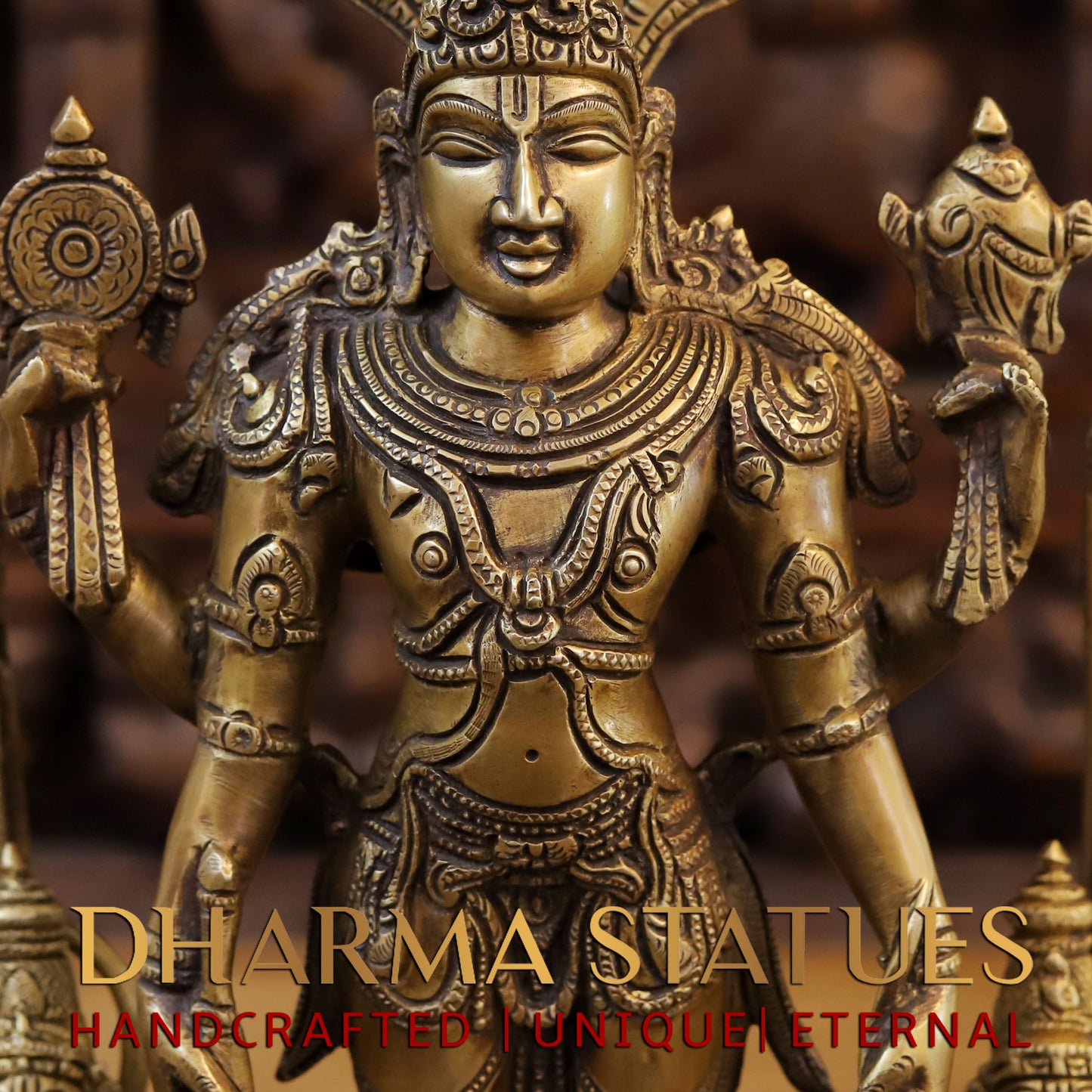 Brass Vishnu in Frame with Garuda and hanuman, Fine Golden Finish, 24"