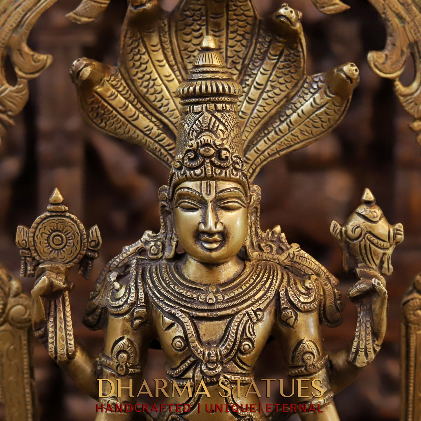 Brass Vishnu in Frame with Garuda and hanuman, Fine Golden Finish, 24"