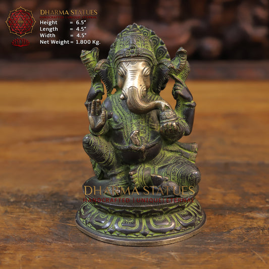 Brass Ganesh Statue, Seated on a Lotus, Green patina Finish 6.5"