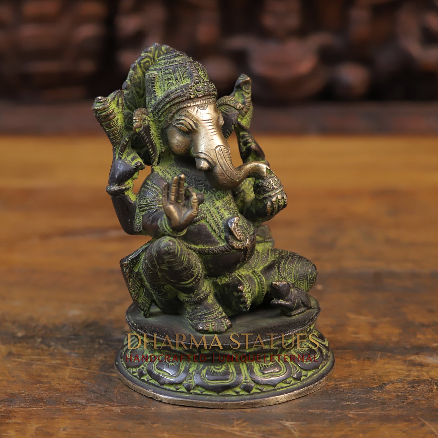 Brass Ganesh Statue, Seated on a Lotus, Green patina Finish 6.5"