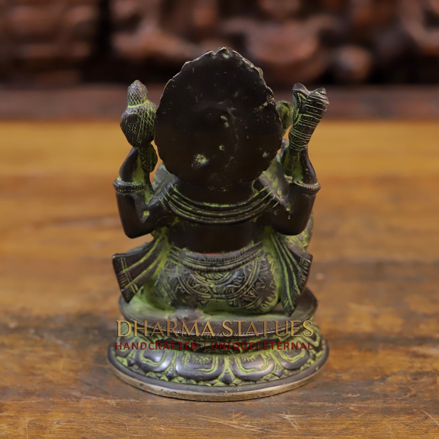 Brass Ganesh Statue, Seated on a Lotus, Green patina Finish 6.5"