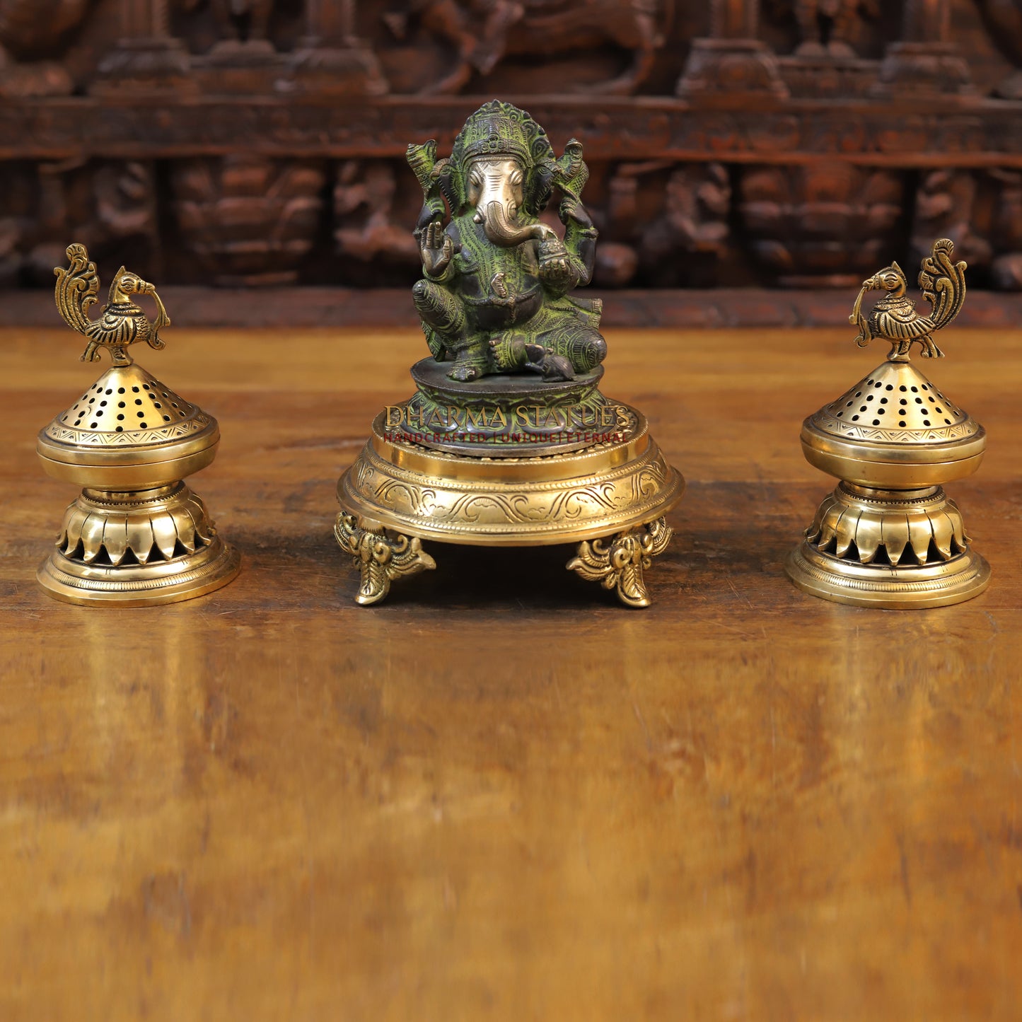 Brass Ganesh Statue, Seated on a Lotus, Green patina Finish 6.5"