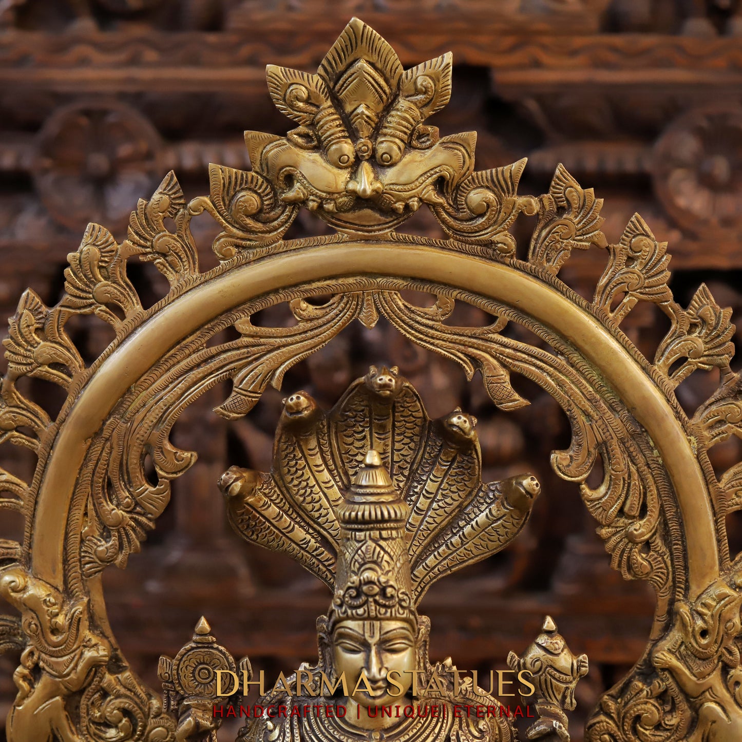 Brass Vishnu in Frame with Garuda and hanuman, Fine Golden Finish, 24"