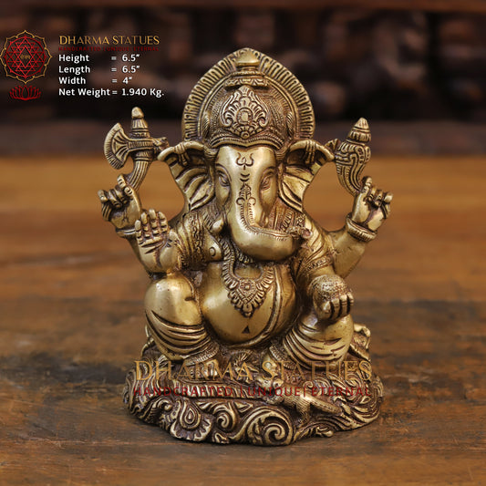 Brass Ganesh Statue, Seated, Fine Golden Finish  6.5"