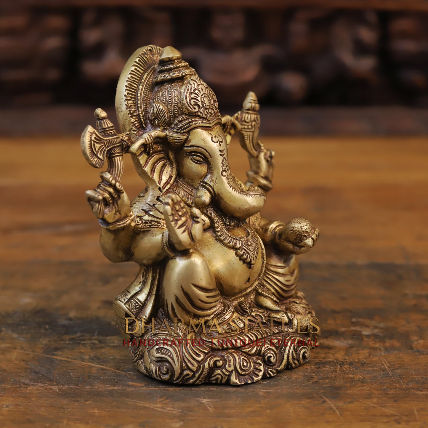 Brass Ganesh Statue, Seated, Fine Golden Finish  6.5"
