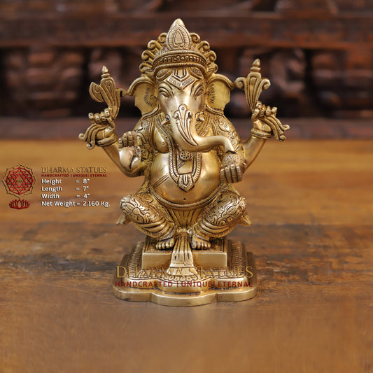 Brass Ganesh Statue, Seated, Fine Golden Finish 8"