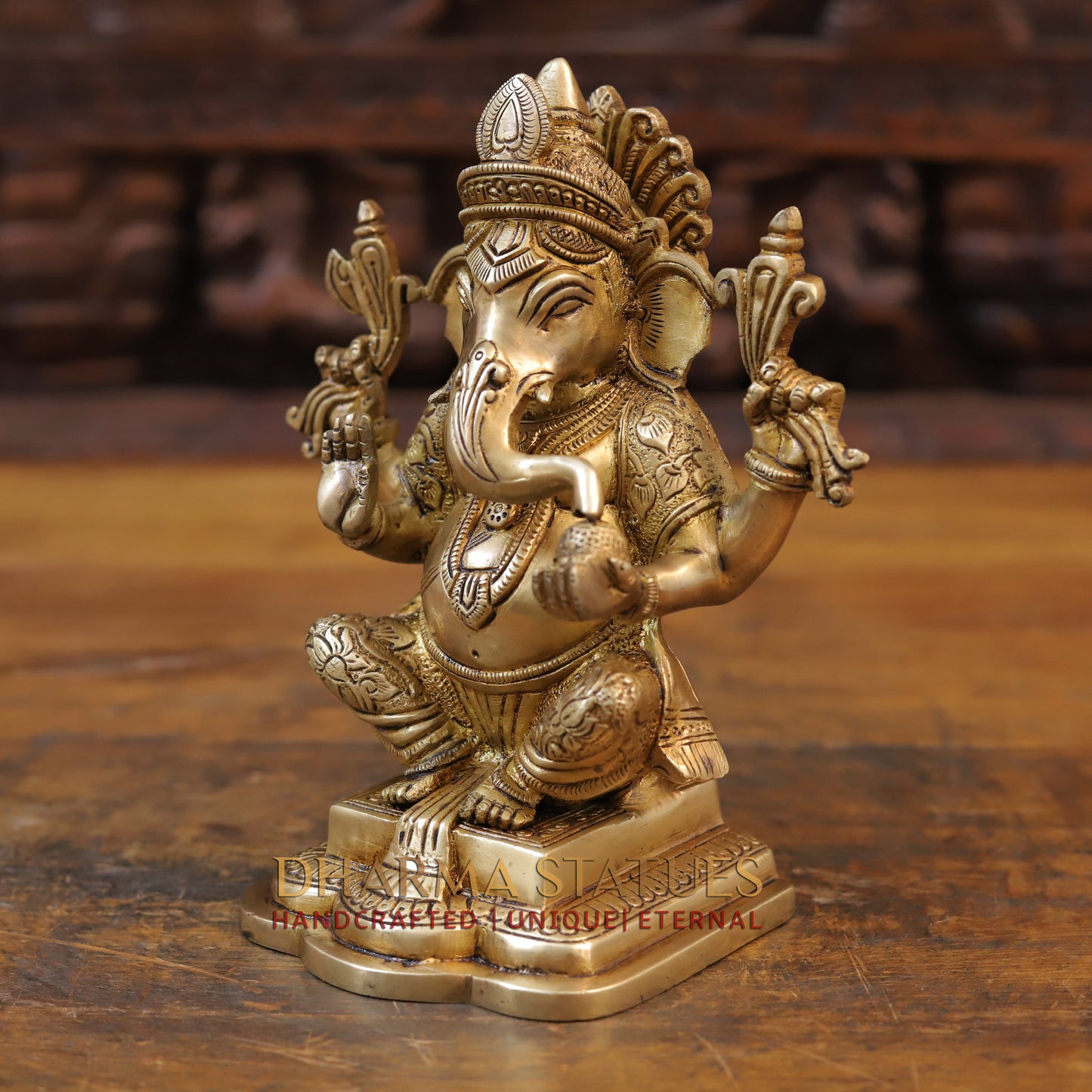 Brass Ganesh Statue, Seated, Fine Golden Finish 8"