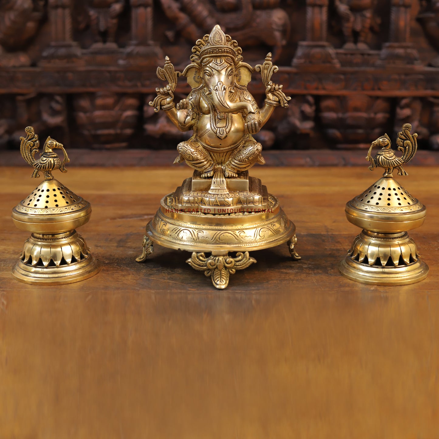 Brass Ganesh Statue, Seated, Fine Golden Finish 8"