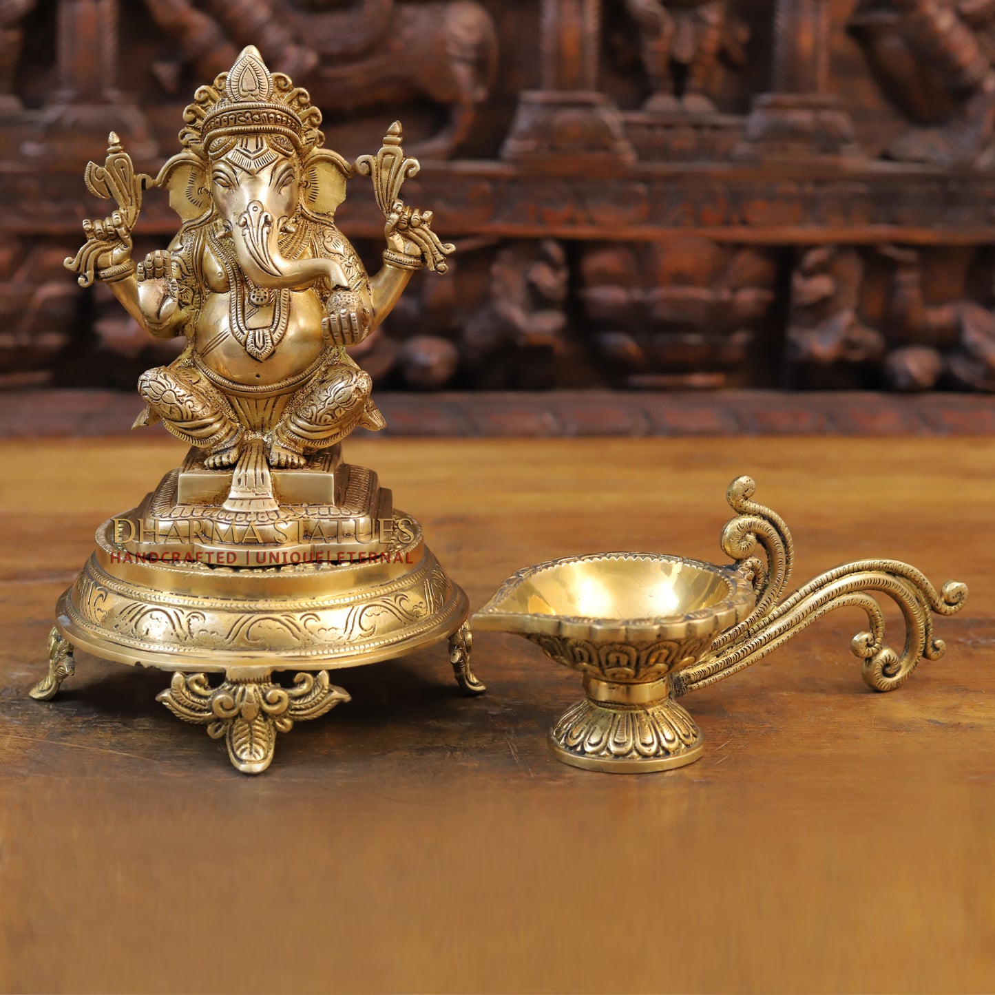 Brass Ganesh Statue, Seated, Fine Golden Finish 8"