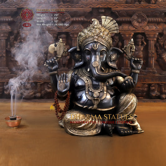 Brass Ganesh seated in Blessing Posture, Black Patina & Golden Finish, 20"