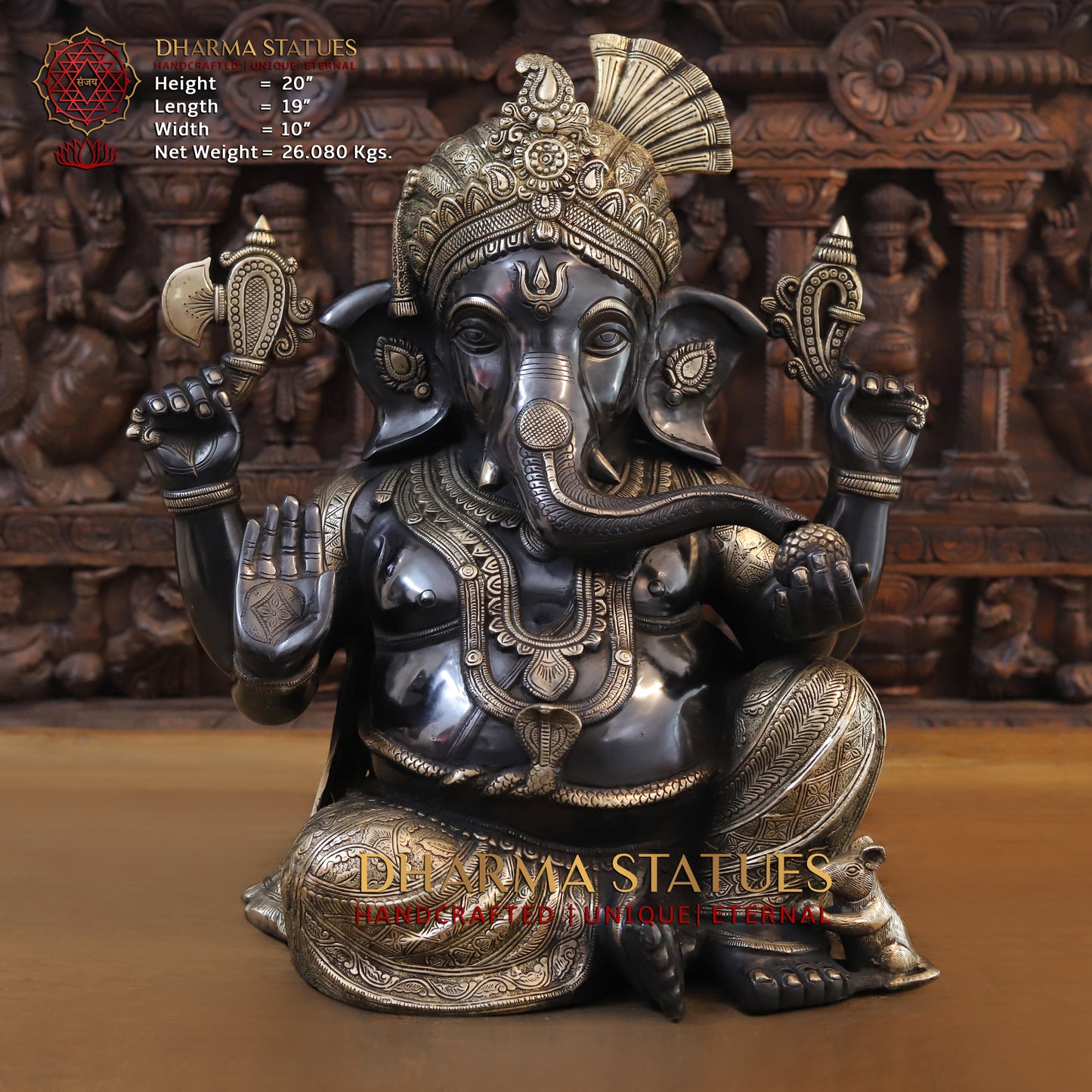 Brass Ganesh seated in Blessing Posture, Black Patina & Golden Finish, 20"