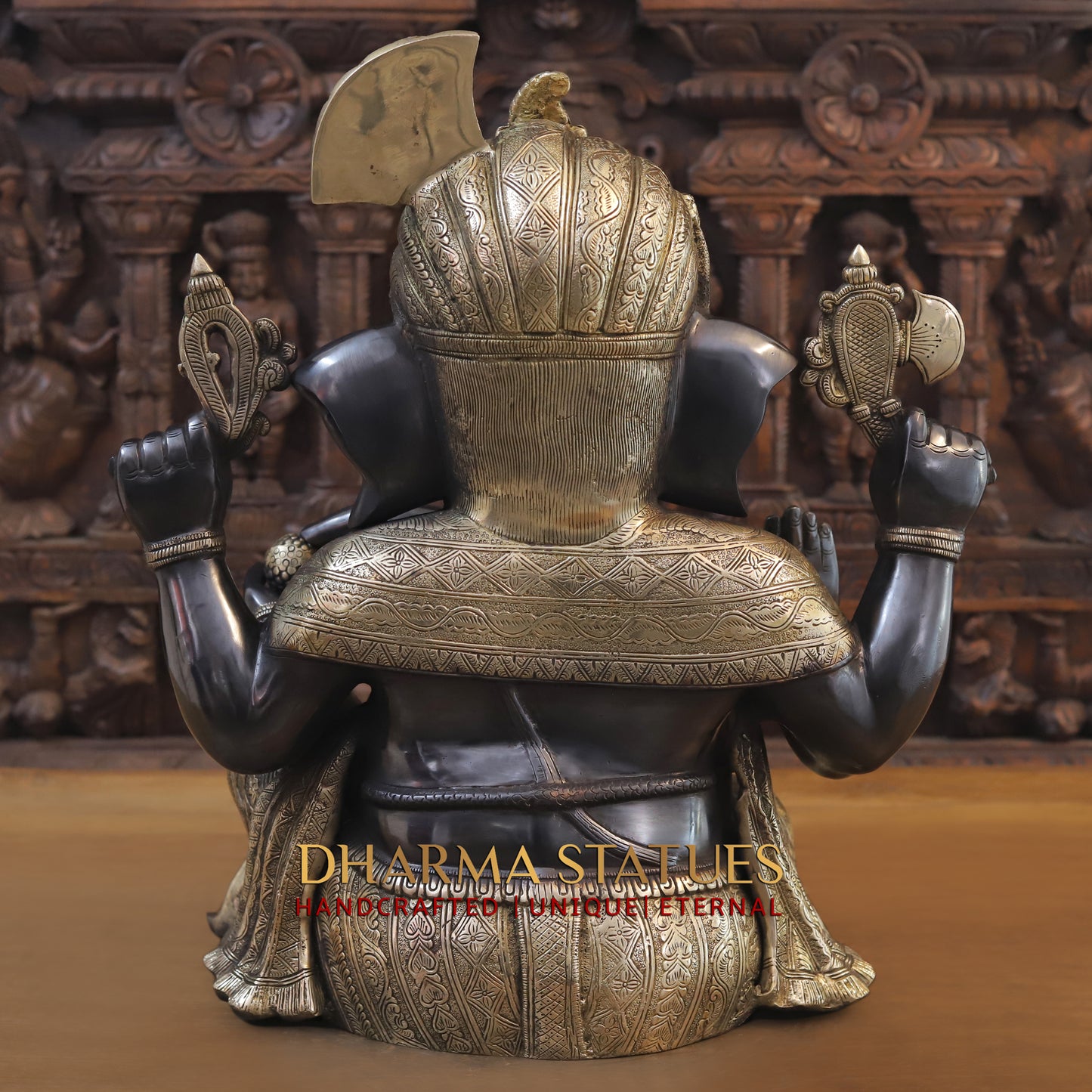 Brass Ganesh seated in Blessing Posture, Black Patina & Golden Finish, 20"