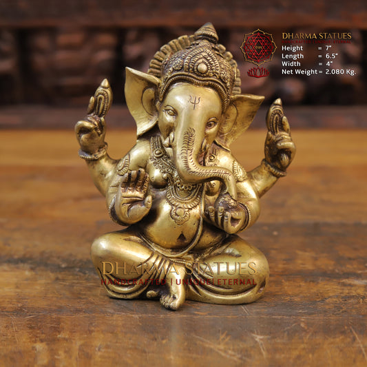 Brass Ganesha Idol, Seated Posture, Fine Golden Finish 7"