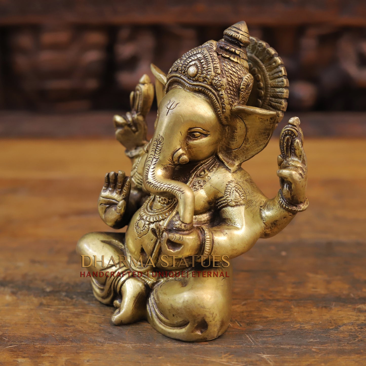 Brass Ganesha Idol, Seated Posture, Fine Golden Finish 7"