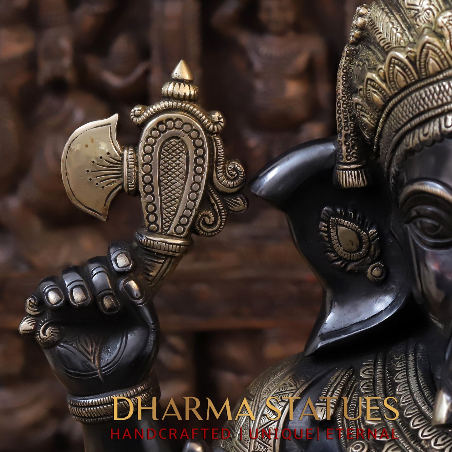 Brass Ganesh seated in Blessing Posture, Black Patina & Golden Finish, 20"