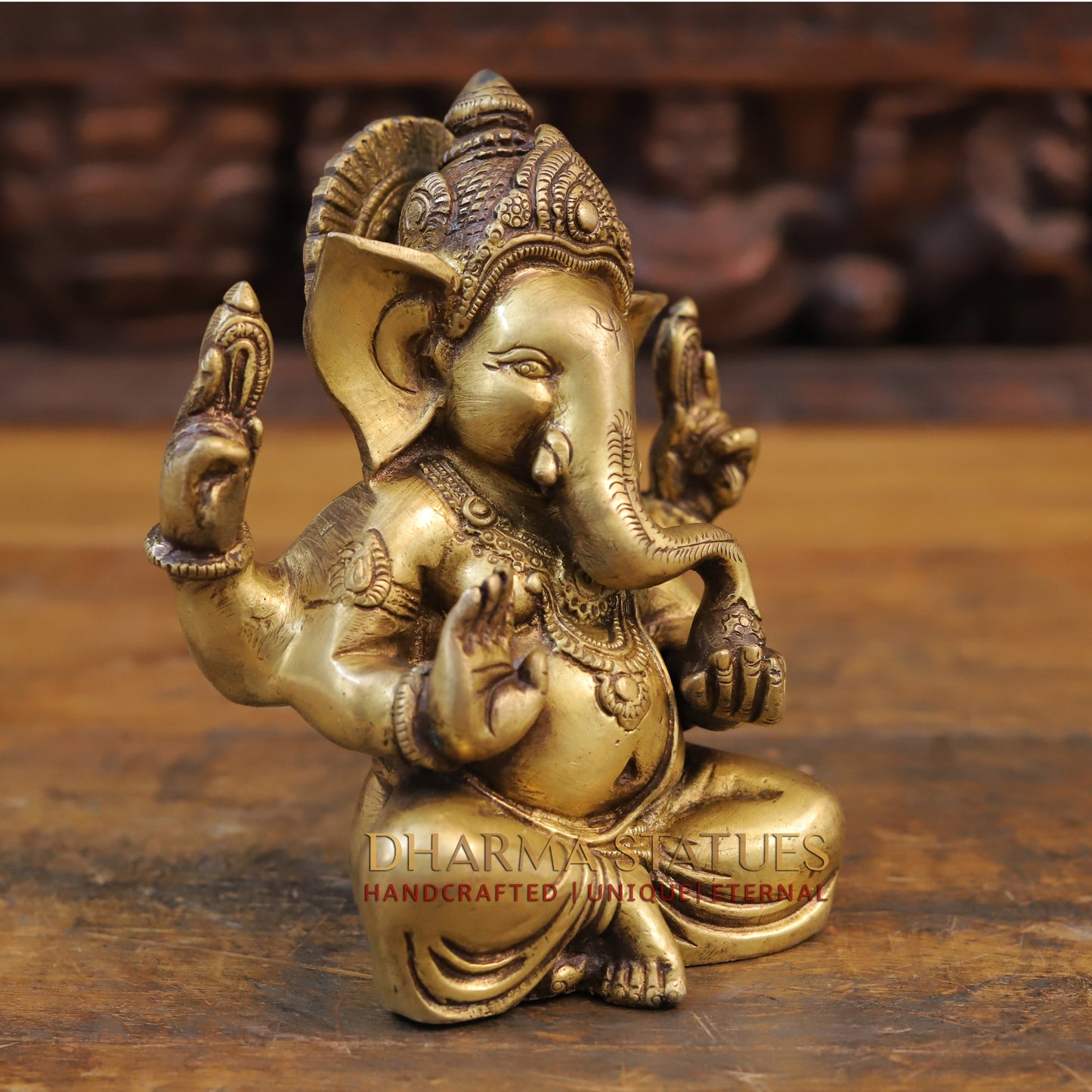Brass Ganesha Idol, Seated Posture, Fine Golden Finish 7"