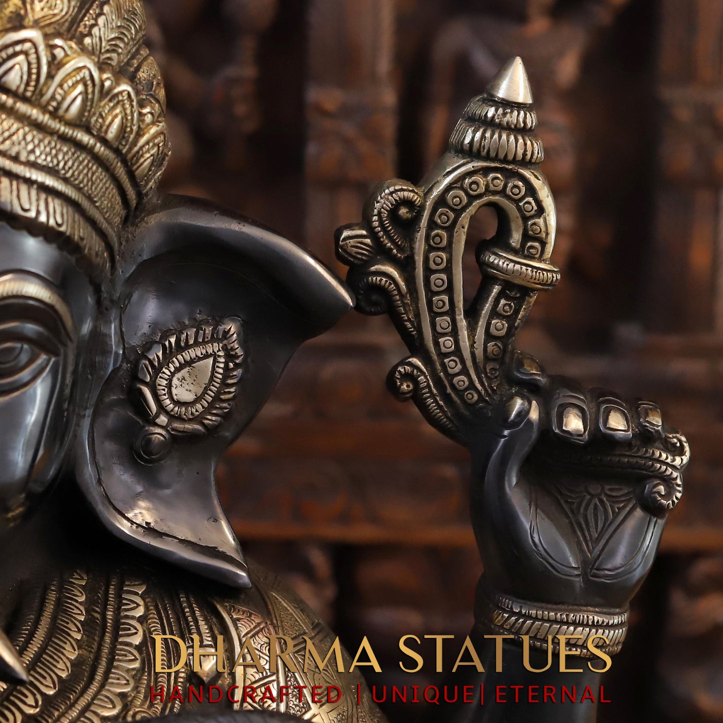 Brass Ganesh seated in Blessing Posture, Black Patina & Golden Finish, 20"