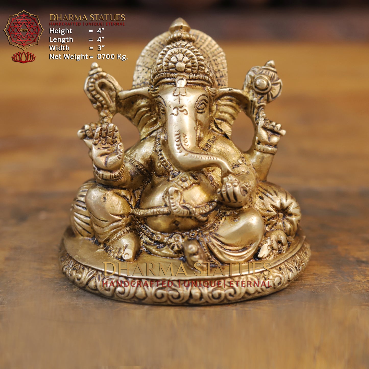 Brass Ganesha Statue, Seated On a Round Base, Fine Golden Finish