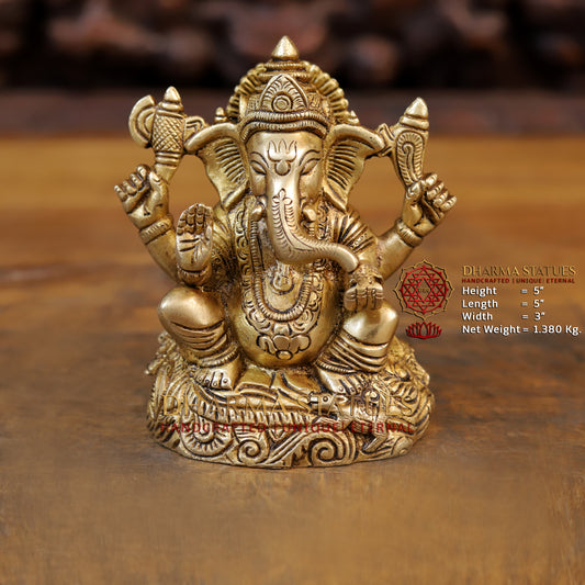 Brass Ganesh Statue, Fine Golden Finish 5"