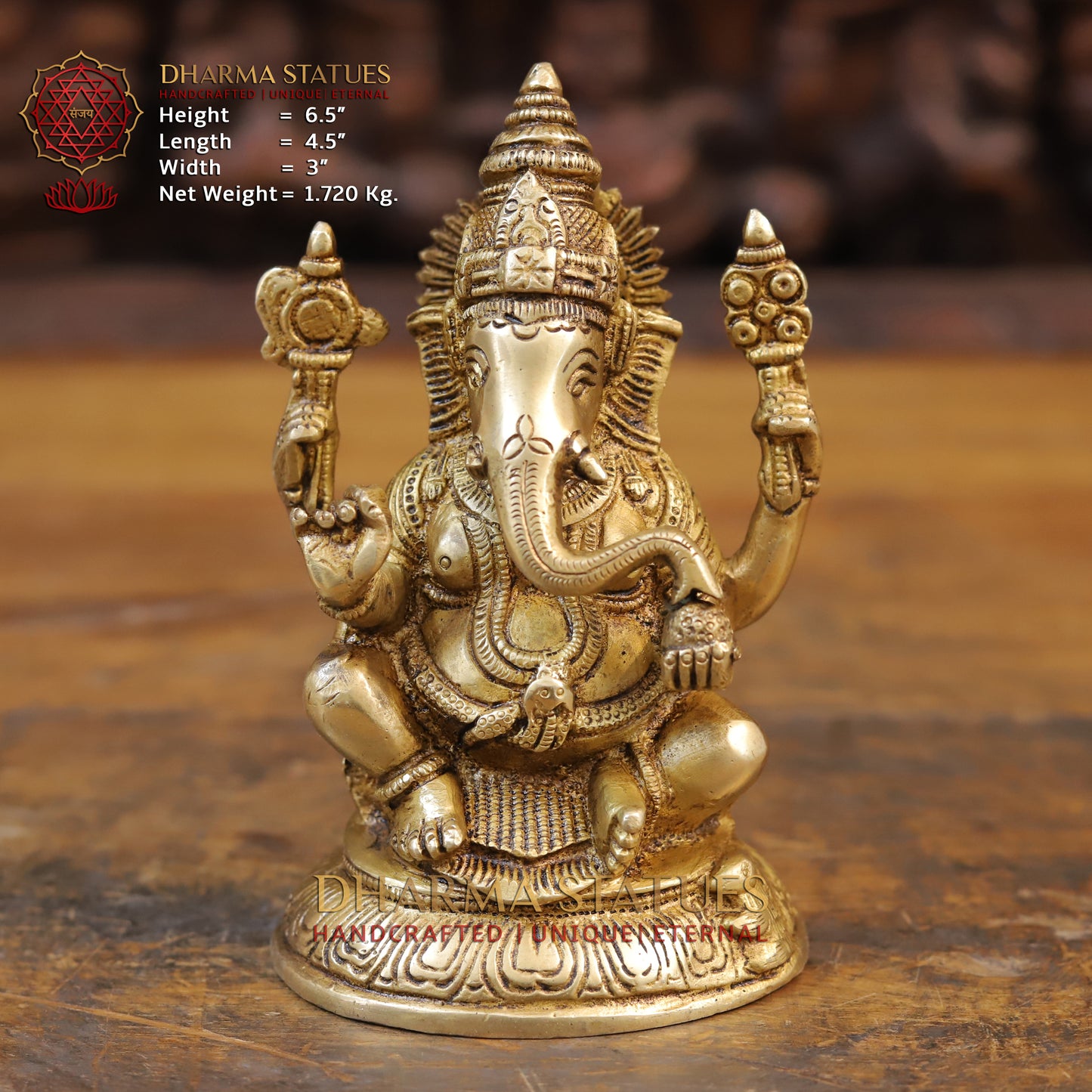 Brass Ganesh Idol, Fine Golden Finish 6.5"