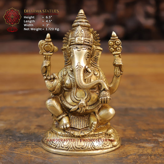 Brass Ganesh Idol, Fine Golden Finish 6.5"