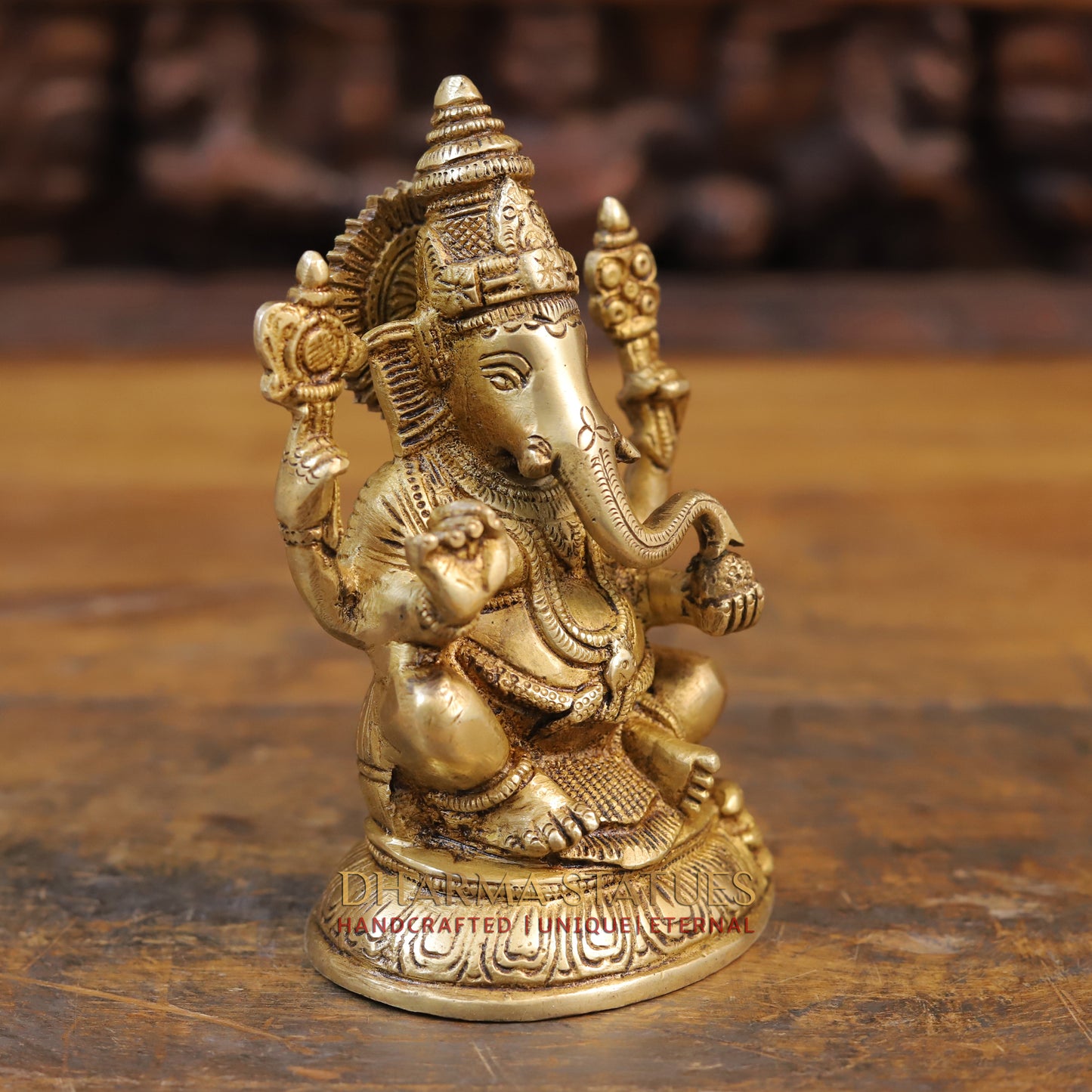 Brass Ganesh Idol, Fine Golden Finish 6.5"