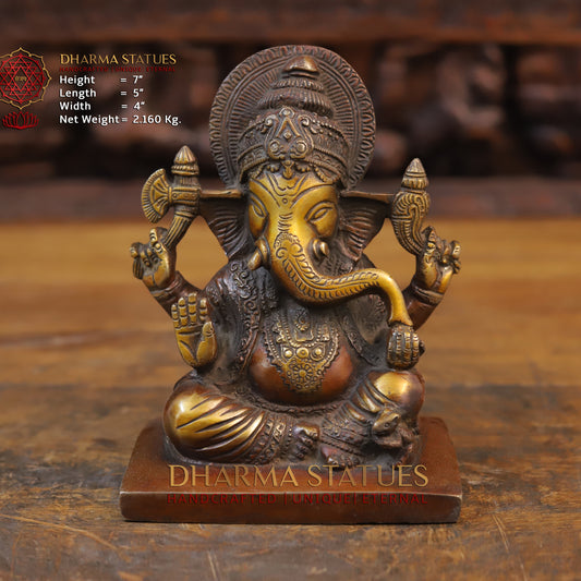 Brass Ganesh Statue, Fine copper and Golden Finish 7"