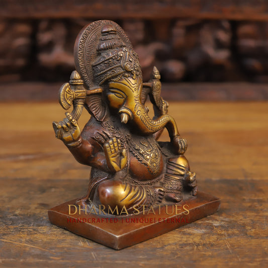 Brass Ganesh Statue, Fine copper and Golden Finish 7"