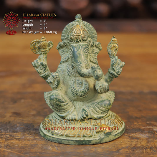 Brass Ganesh Statue, Seated on a Lotus, Green patina Finish 5"